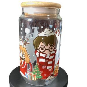 New handmade UVDTF HP‎ Xmas Glass Cup with Bamboo Lid & Straw
